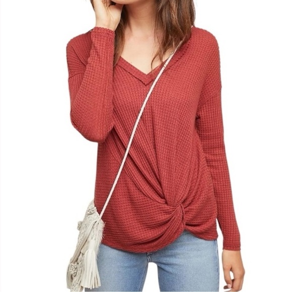 Anthropologie Sweaters - Anthropologie Akemi + Kin Rust Knotted Thermal Waffle Knit V-Neck Top Size S